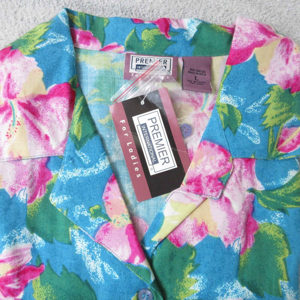 Premier International Floral‎ Button Up Shirt Women's L Rayon Short Sleeve